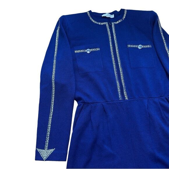 ST. JOHN Size 14 Royal Blue Made In USA Rhinestone Trimmed Knit Jumpsuit Pockets - Picture 6 of 16